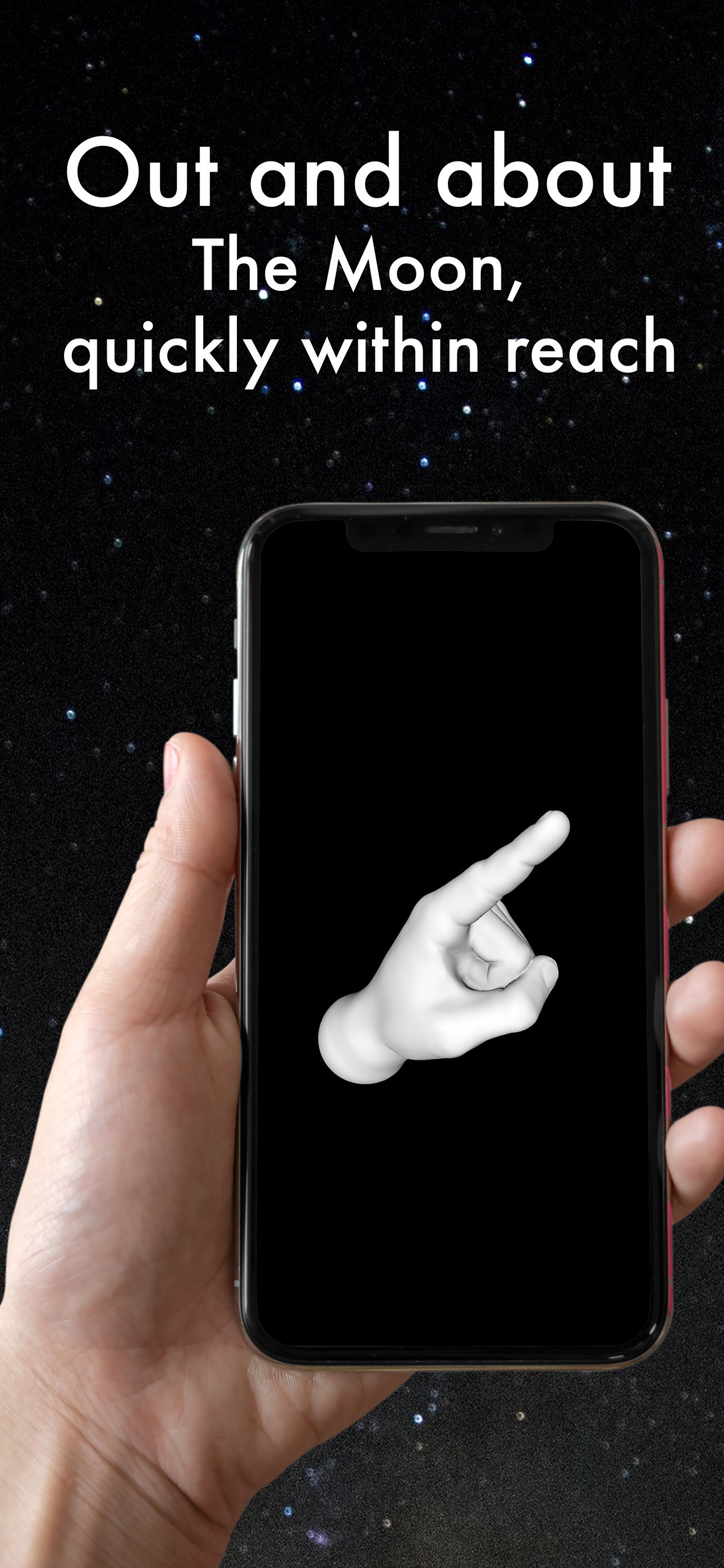 A hand on a phone, pointing towards the moon